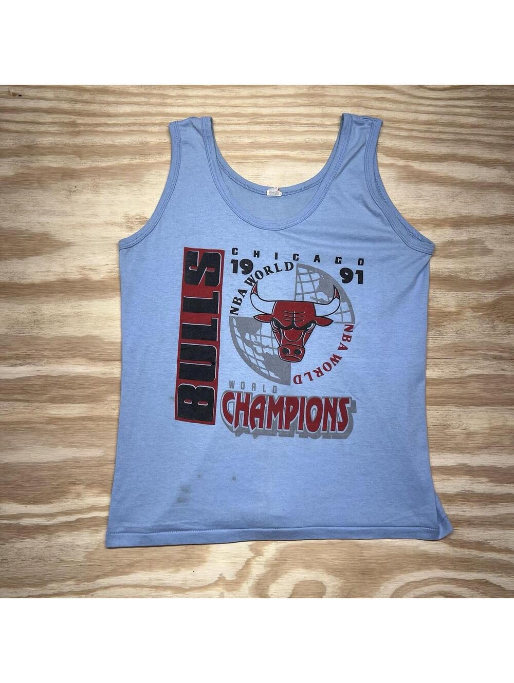 Vintage 1991 Chicago Bulls Basketball world champions Light Blue Tank Top Sz L